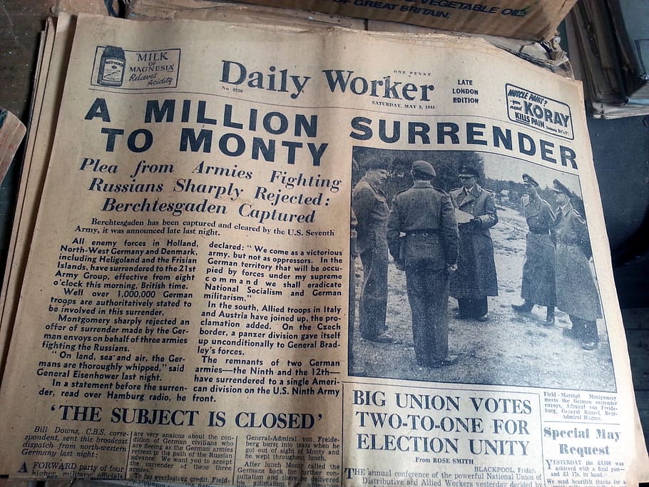 old newspaper, daily worker, surrender, may 5th 1945, history, text, western script, communication, representation, human representation