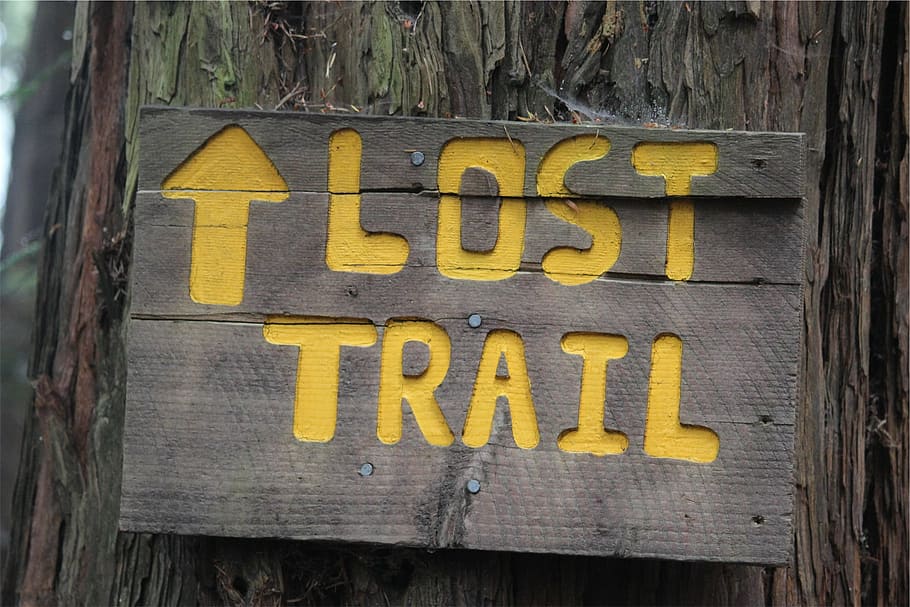 lost, trail, wooden, signage, sign, text, western script, communication, yellow, capital letter