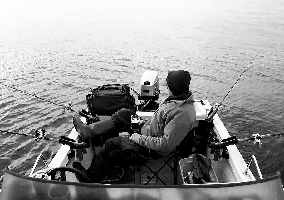 grayscale photo, man, boat, fishing, windermere, the lake district, photography, rods, water, lake