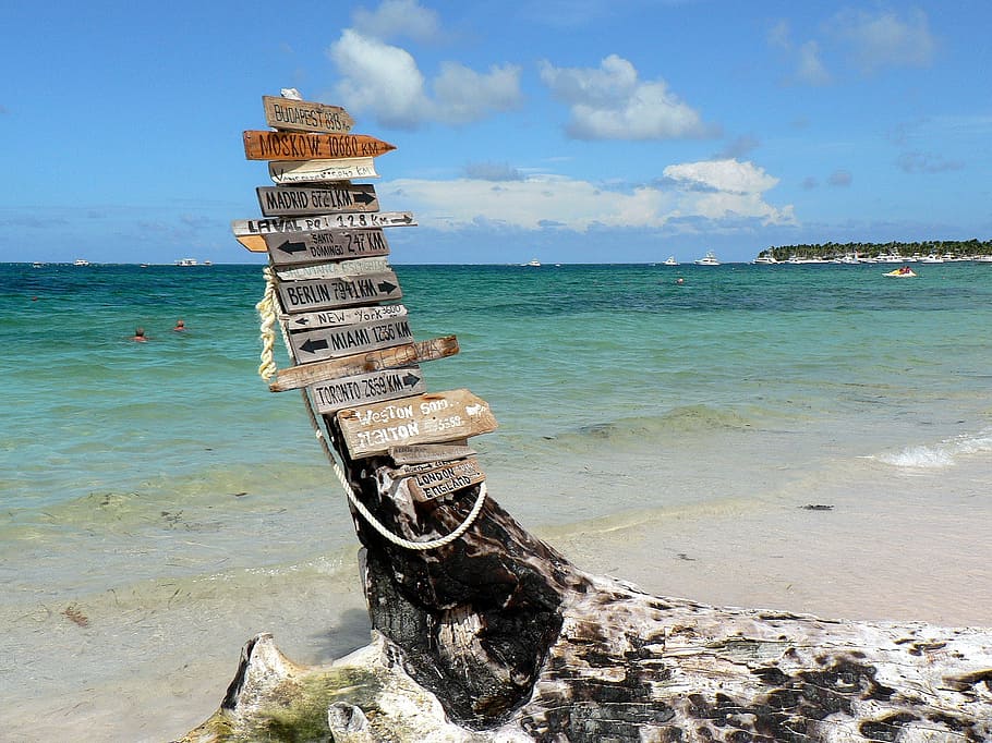 brown, wooden, signage, shore, dominican republic, punta cana, beautiful beach, holiday, paradise, indicator