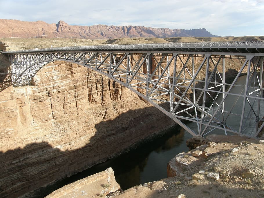 gray, metal bridge, brown, rock formation, daytime, navajo bridge, marble canyon, steel, arch, desert