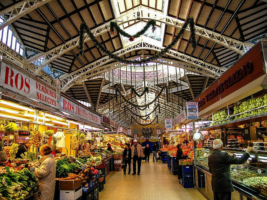 Valencia, España, Mercado, foto, dominio público, compras, tienda, comida, personas, vegetales