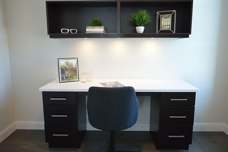 white, black, wooden, 6-drawer, 6- drawer knee-hole desk, blue, rolling, chair, home office, desk