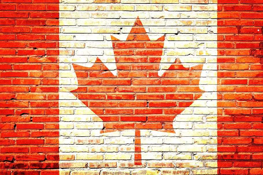 캐나다 국기, 그린, 벽돌 벽, 캐나다, 국기, 국가, 벽돌, 벽, 빨간, 건축물