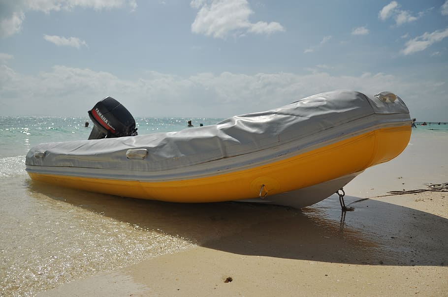 motorboat, rubber boat, life raft, inflatable, water, beach, transportation, sky, nautical vessel, sea
