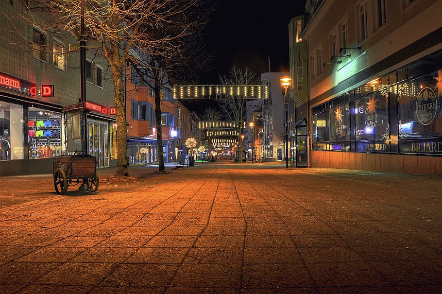 horizontal, street, lit, city, architecture, värnamo, sweden, winter, stores, restaurant