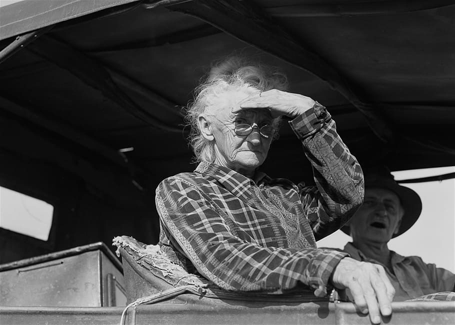 grayscale photo, two, person, riding, vehicle, old, woman, automobile, female, senior