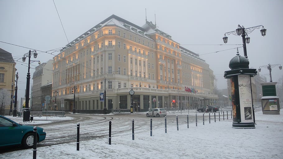 slovakia, bratislava, carlton, winter, snow, lighting, hviezdoslavovo square, building exterior, architecture, built structure