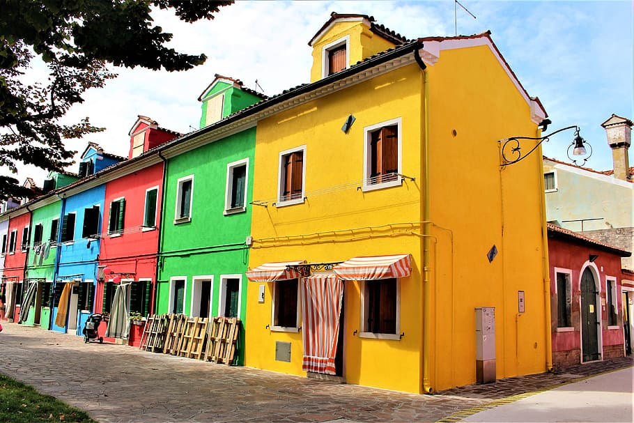 Venecia, Burano, edificios, colorido, Italia, arquitectura, callejón, bellamente, farola, pintorescamente