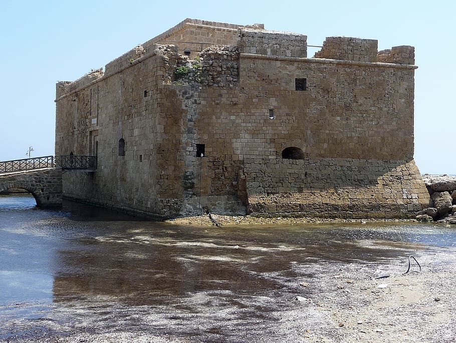 fortaleza, paphos, chipre, hito, histórico, ruinas, agua, arquitectura, historia, cielo