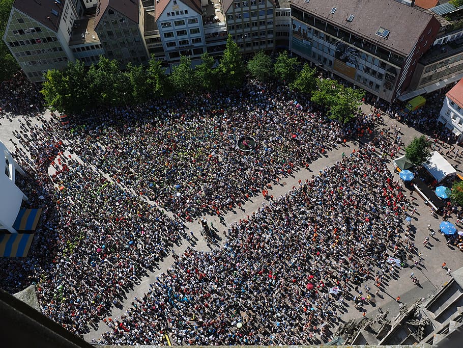 crowd, people, buildings, daytime, cathedral square, ulm, human, crowds, collection, group