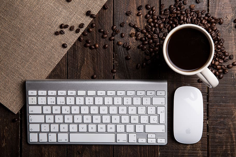 keyboard, coffee, mouse, apple, mac, mighty, technology, drink, beans, desk
