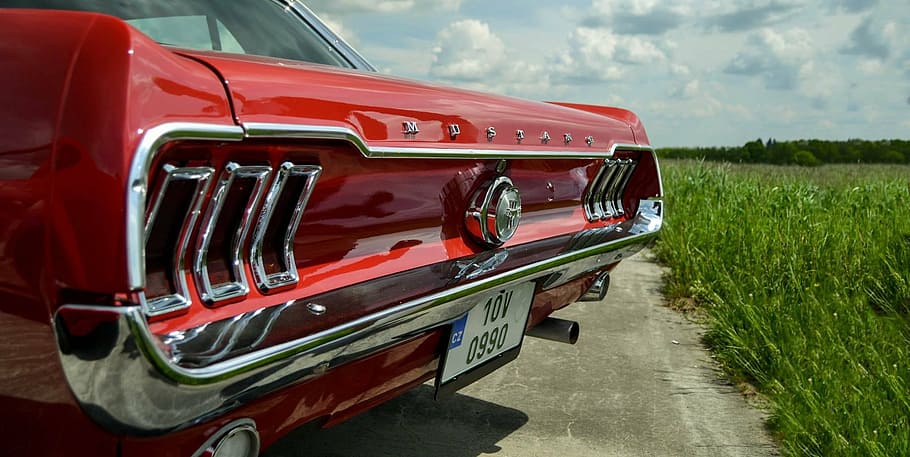 red, ford mustang coupe, parked, paved, road, grass field, daytime, ford, mustang, old