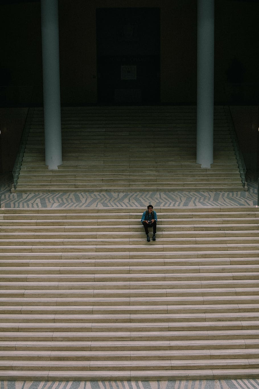 man, sitting, stair, architecture, building, infrastructure, floor, stairs, people, alone