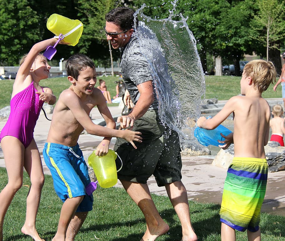 man, gray, shirt, playing, together, three, children, water fight, water, play