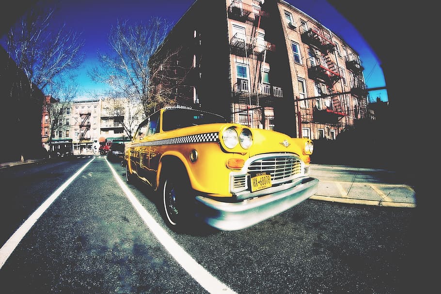 fisheye photography, classic, yellow, taxi, parked, sidewalk, building, new york, brooklyn, nostalgia