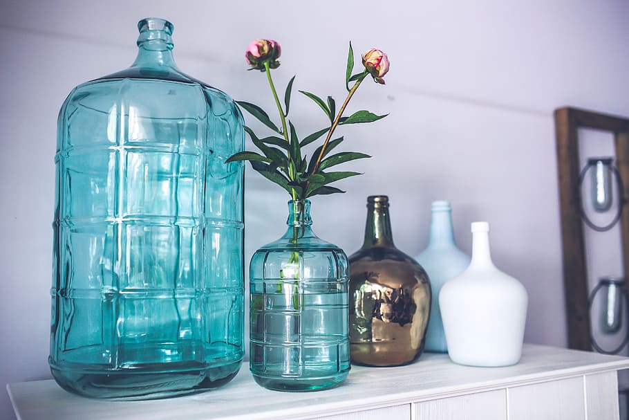 cinco, jarrones de vidrio de colores variados, botella, jarra, garrafas, vidrio, florero, flor, peonías, holandés