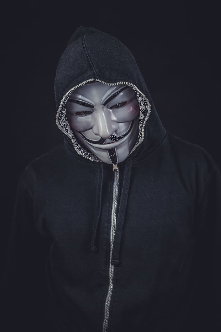 person, wearing, seafawk mask, black, zip-up hoodie, v for vendetta, vendetta, anonymous, mask, head