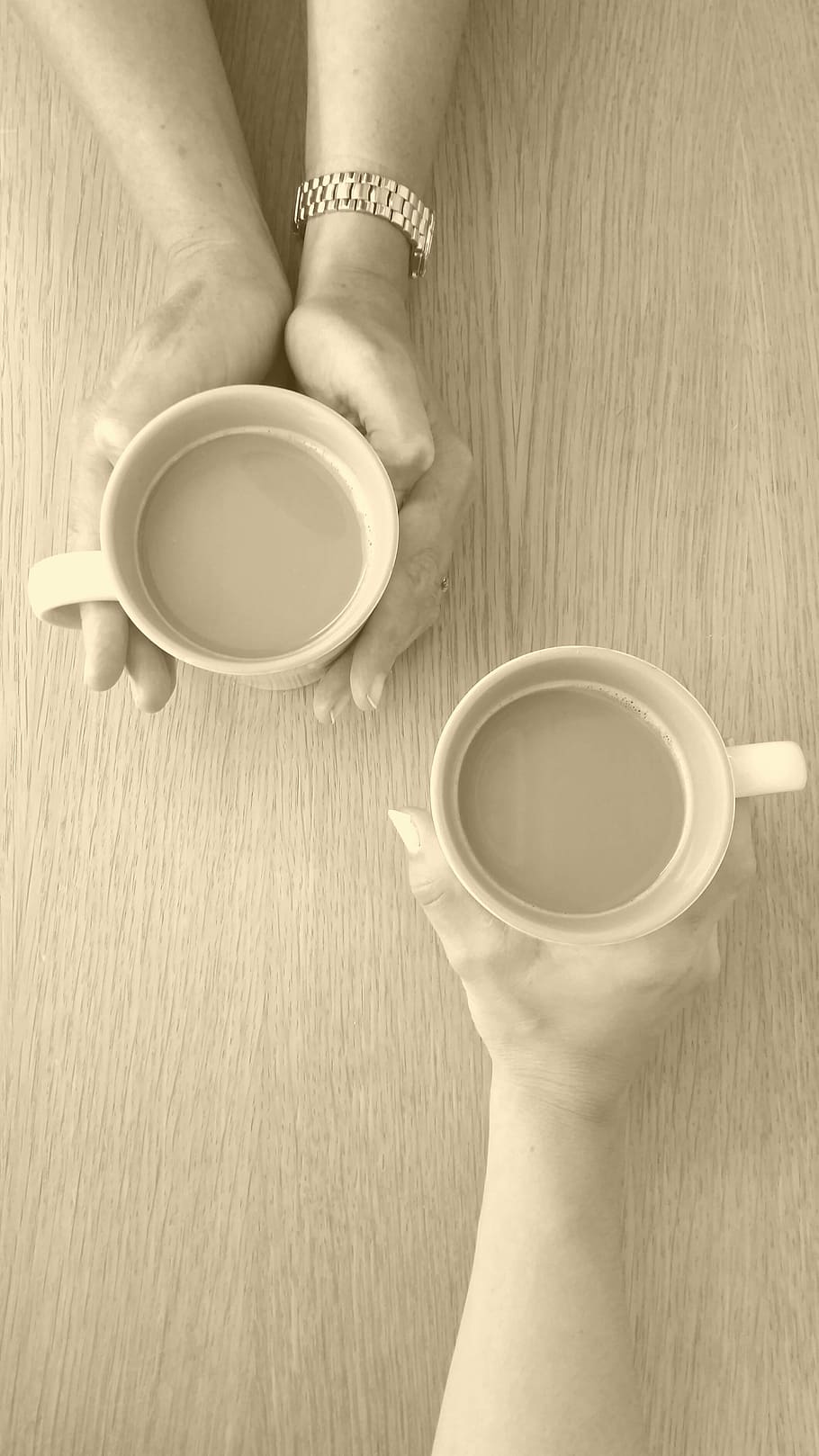 photographed, two, person, holding, mugs, coffee, chat, conversation, cups, hands