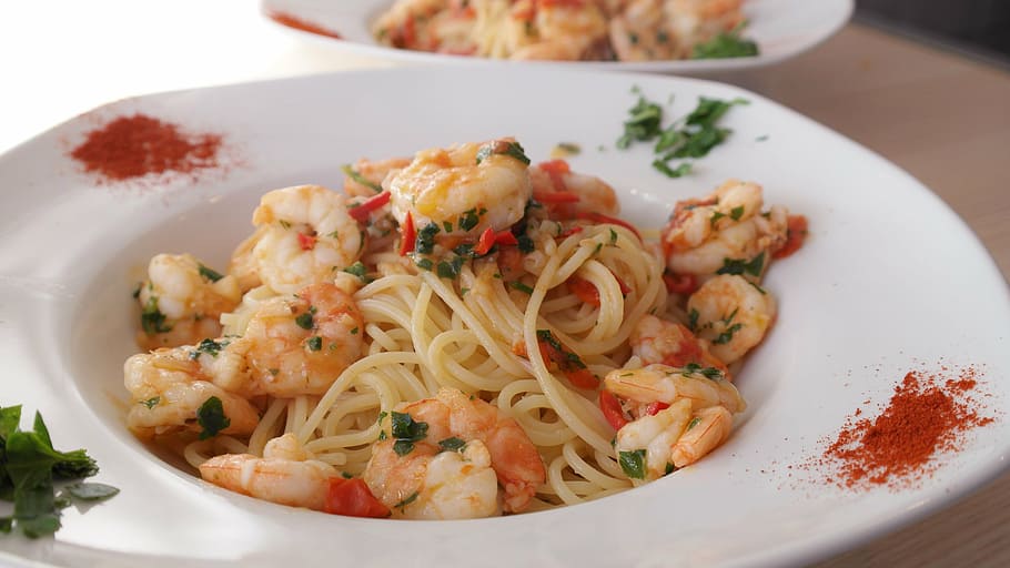 spaghetti, shrimp, served, plate, pasta, noodles, food, eat, cook, italian