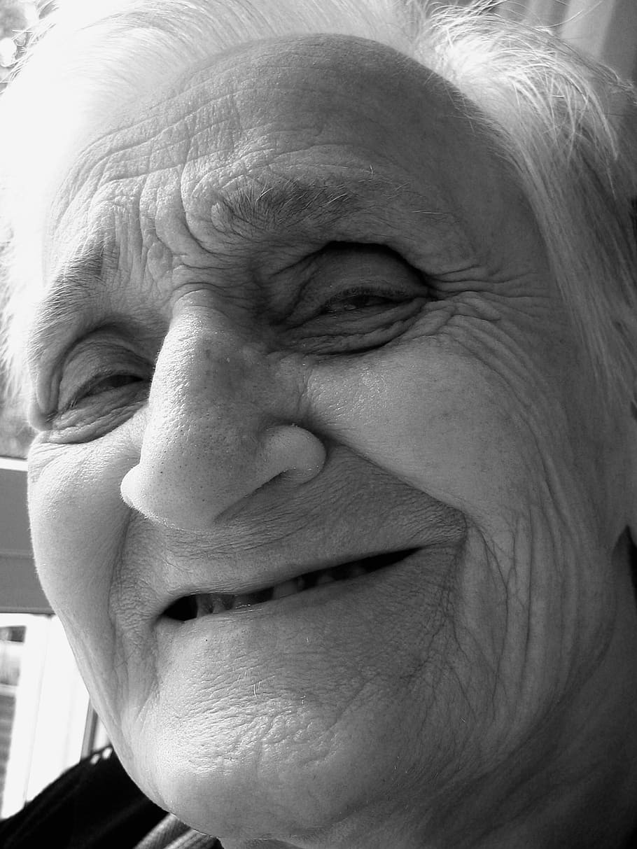 회색조 사진, 웃고있는, 여자, 얼굴, 미소, 늙은, 노년, 할머니, 치매, 알츠하이머