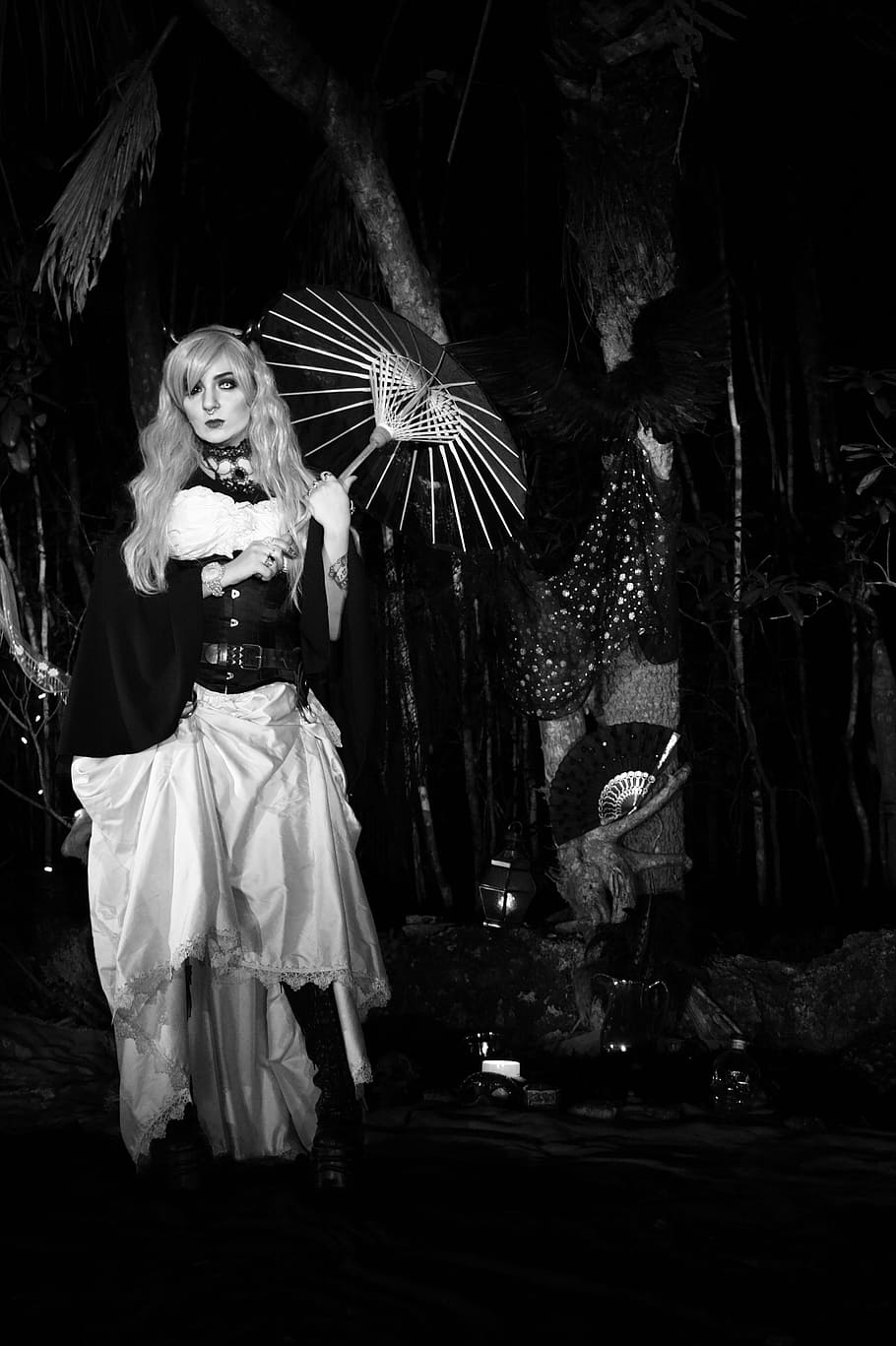 grayscale photography, woman, holding, parasol, goth, magic, vampire, black and white, monochromatic, dark