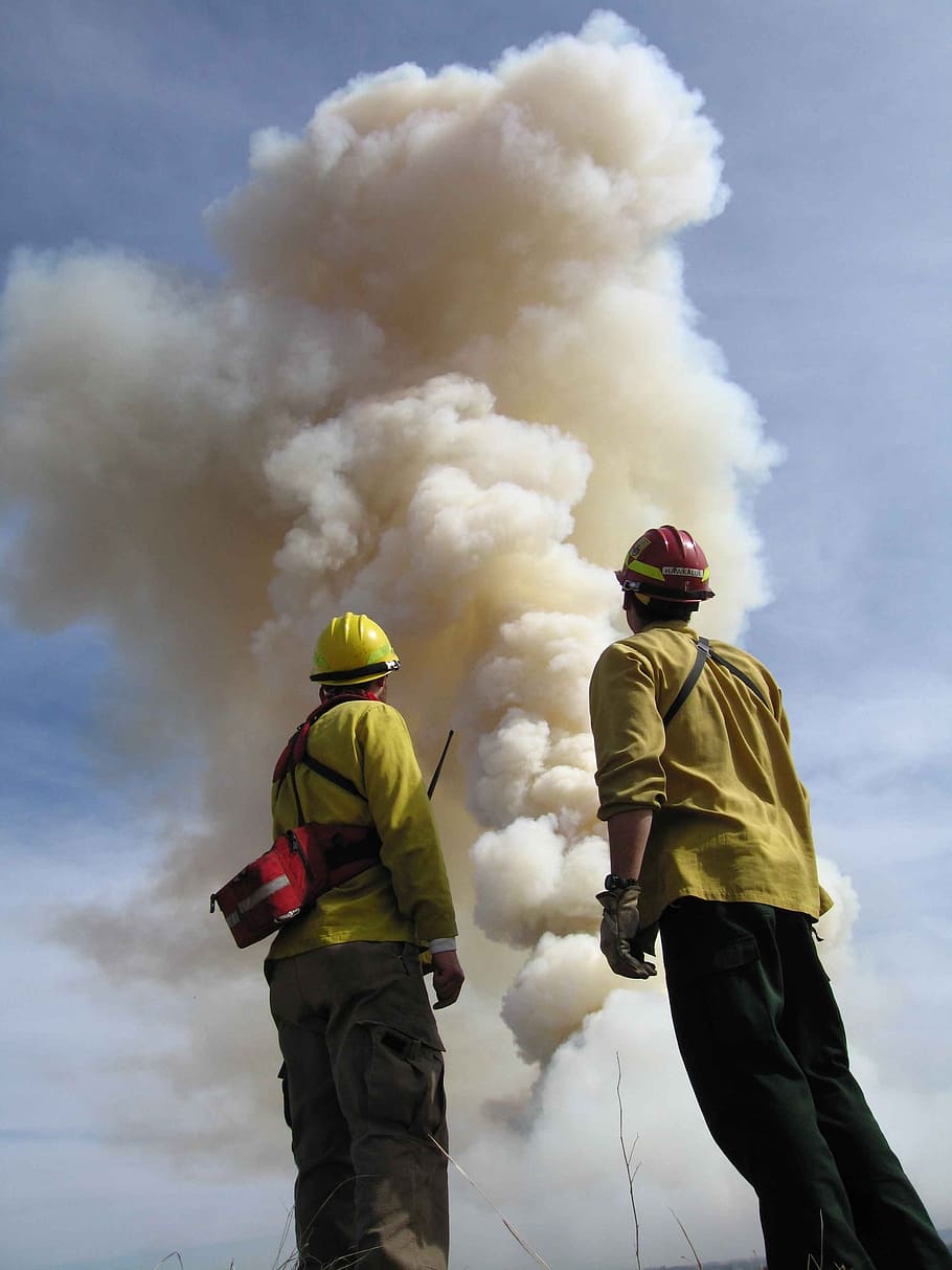 humo, fuego, grande, frente, stand, bomberos, hombres, personas, cielo, humo - estructura física