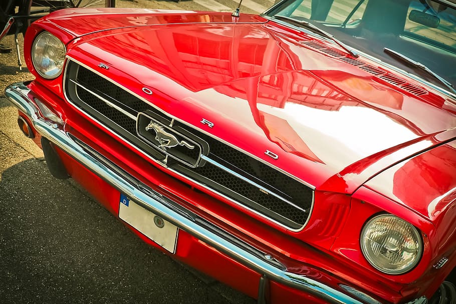 selectivo, foto de enfoque, rojo, Ford Mustang Coupe, auto, Ford, oldtimer, automotriz, vehículo, Mustang