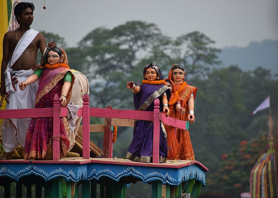 boneca, carruagem, saree, dhenkanal, festival, orissa, índia, mulheres, grupo de pessoas, mulheres jovens
