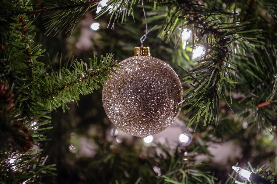 closeup, silver bauble, hanging, christmas tree, christmas, light, silver, glitter, ball, ornament