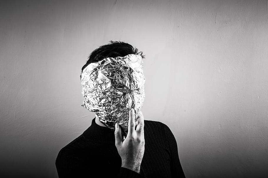 grayscale photo, man, foil, wrap, face, anonymous, aluminum, aluminium, mask, person