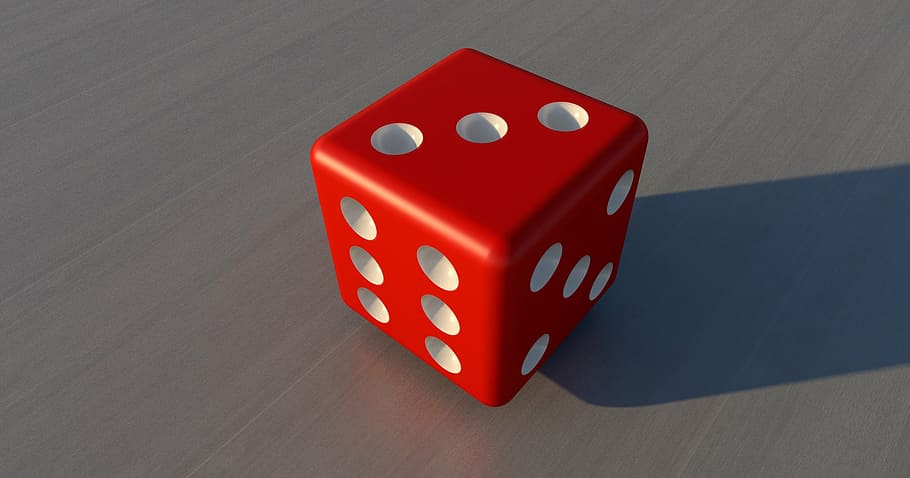 red, dice, displaying, 3, cube, play, random, luck, points, numbers eyes