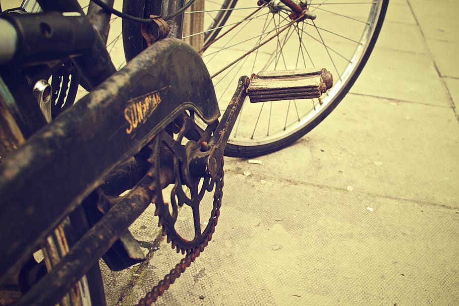 bicicleta, corrente, vintage, oldschool, transporte, meio de transporte, roda, veículo terrestre, dia, estacionário