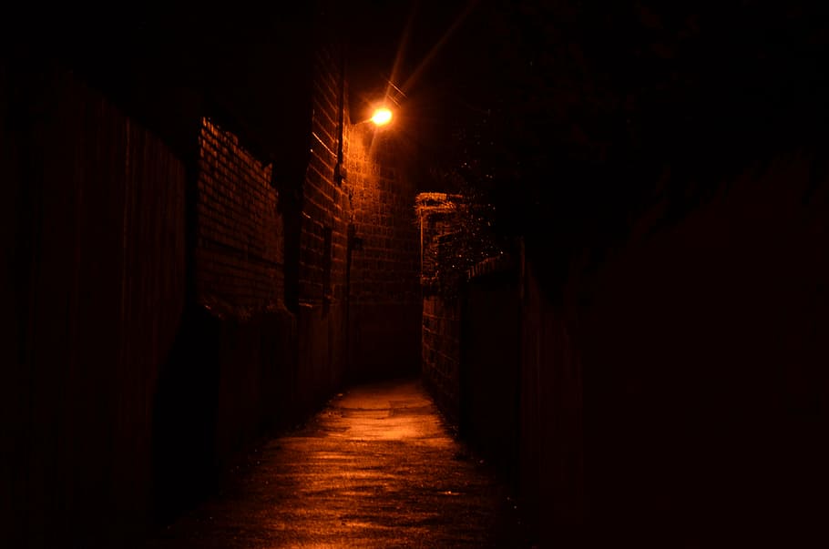 gray, concrete, pathway, turned, light, nighttime, evening, street, lamp, wall