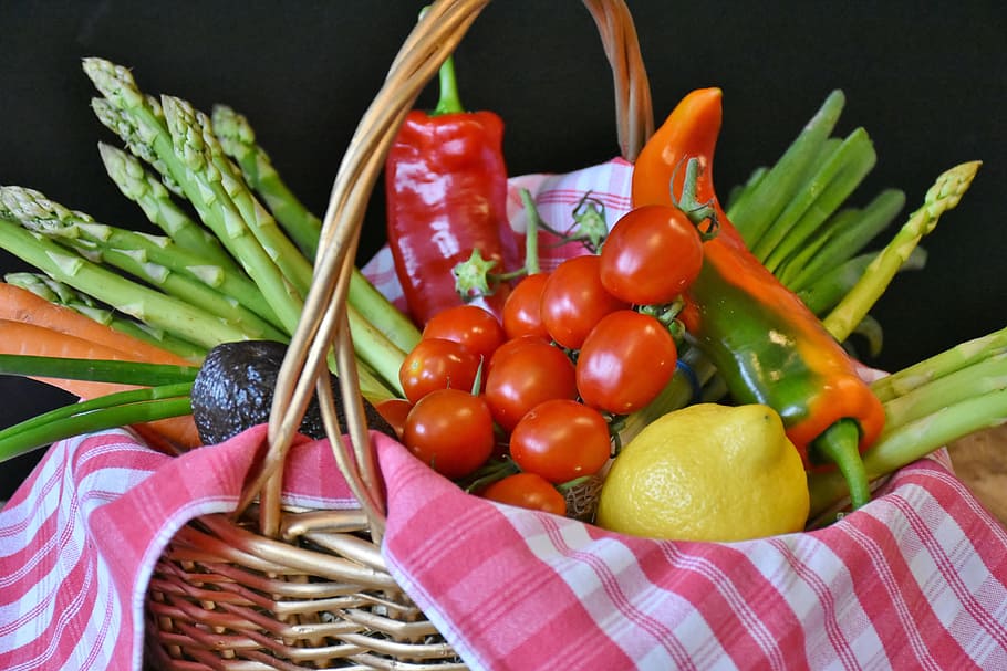 variety, basket, Vegetables, Asparagus, Tomatoes, Leek, lemon, paprika, green asparagus, market