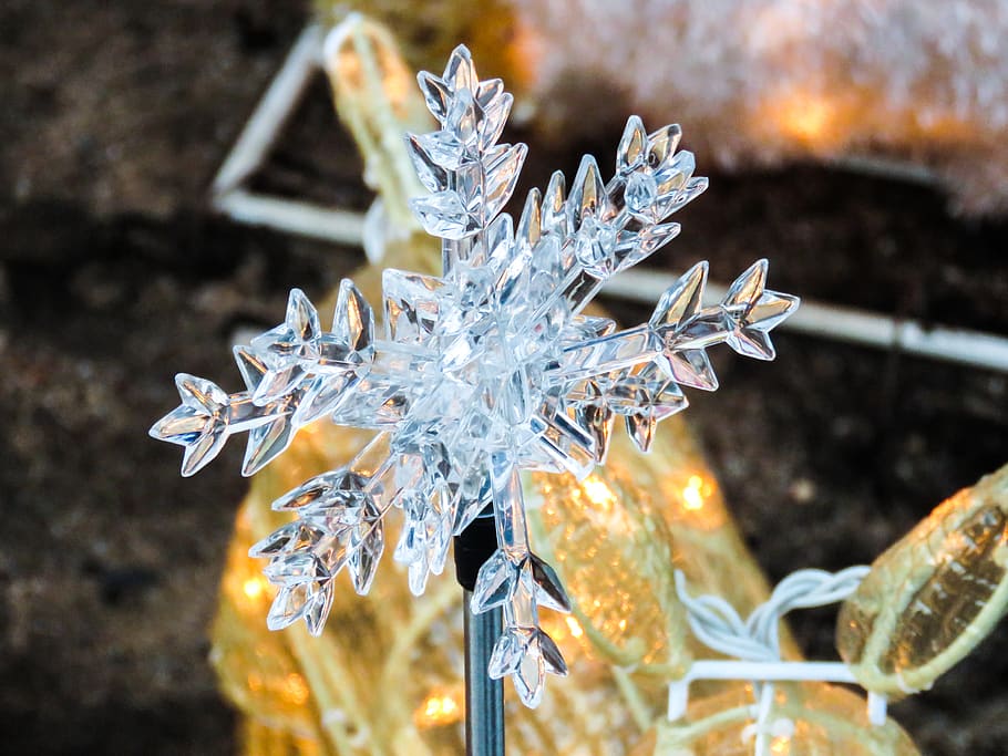 snowflake, winter, lights, decorations, glass, christmas, cold temperature, ice, close-up, focus on foreground