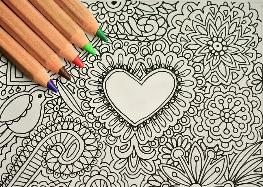 five, assorted-color color pencils, black, white, floral, printed, paper, draw, paint, pen