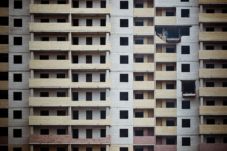 beige, blanco, condominio, foto, concreto, alto, subida, edificios, edificio, urbano