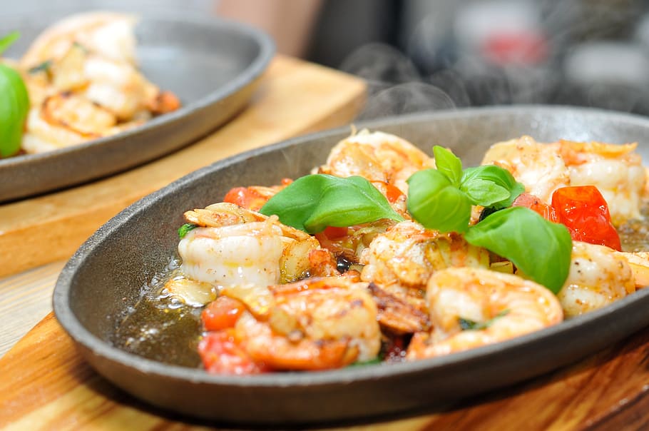 shrimps dish, grey, metal tray close-up photography, shrimp, cocktail tomatoes, basil, olive oil, garlic, food, meal