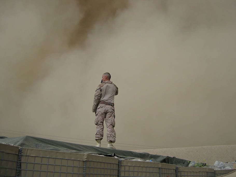 man, wearing, camouflage, overall, suit, standing, soldier, military, war, smoke