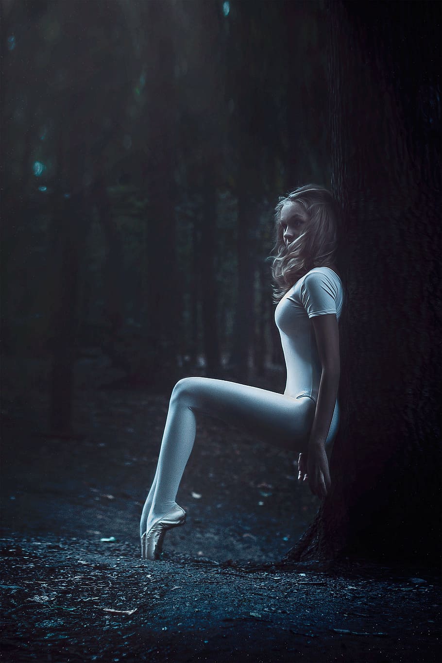 woman, white, leggings, sitting, tree, ballerina in the forest, girl, forest, posing, stroll