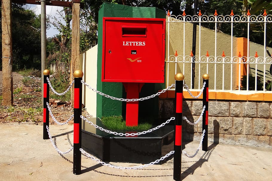 letter box, post box, tv type, red, india post, barricade, dharwad, india, post office red, communication