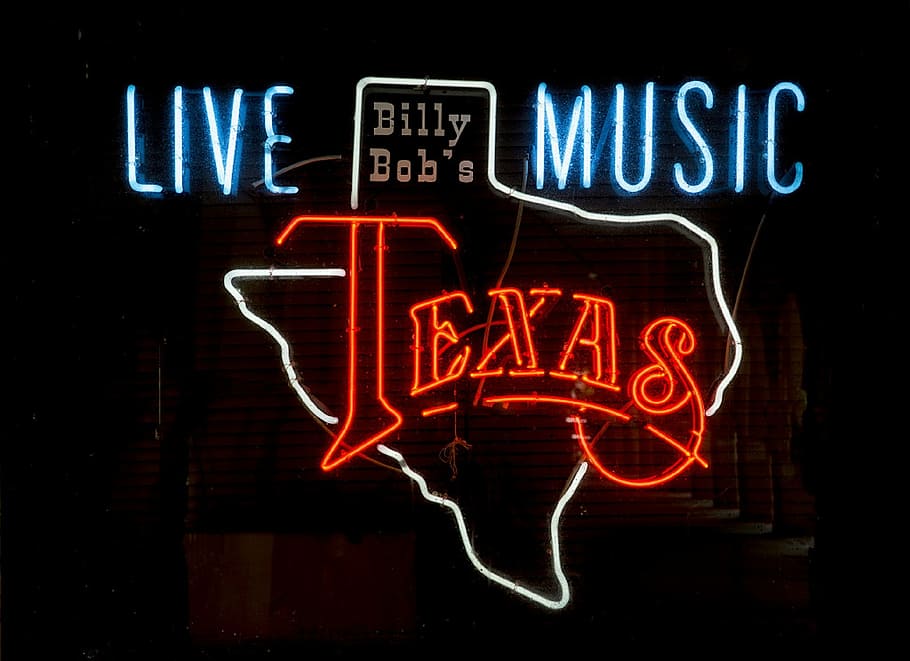 en vivo, música billy, bob, señalización de neón de texas, letrero de neón, billy bob's, fort worth, texas, corrales, famoso