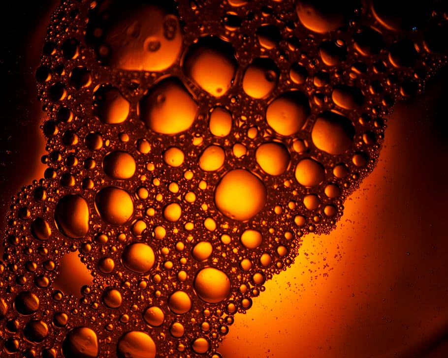 Fondo de pantalla de burbujas naranjas, arte abstracto de burbujas, oro, dorado, bebida, marrón, comida, símbolo, líquido, café