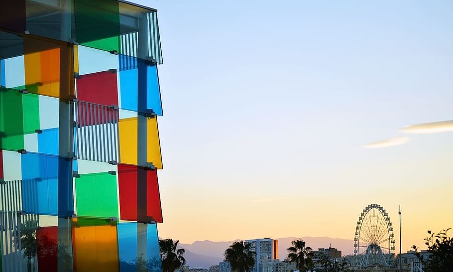 amusement park, sunset, Malaga, Spain, Centre, Center, Pompidou, malaga, spain, downtown, city