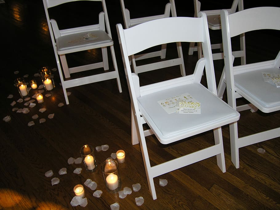 Ceremony, Wedding, Chairs, Decoration, invitation, candles, night, indoors, illuminated, close-up