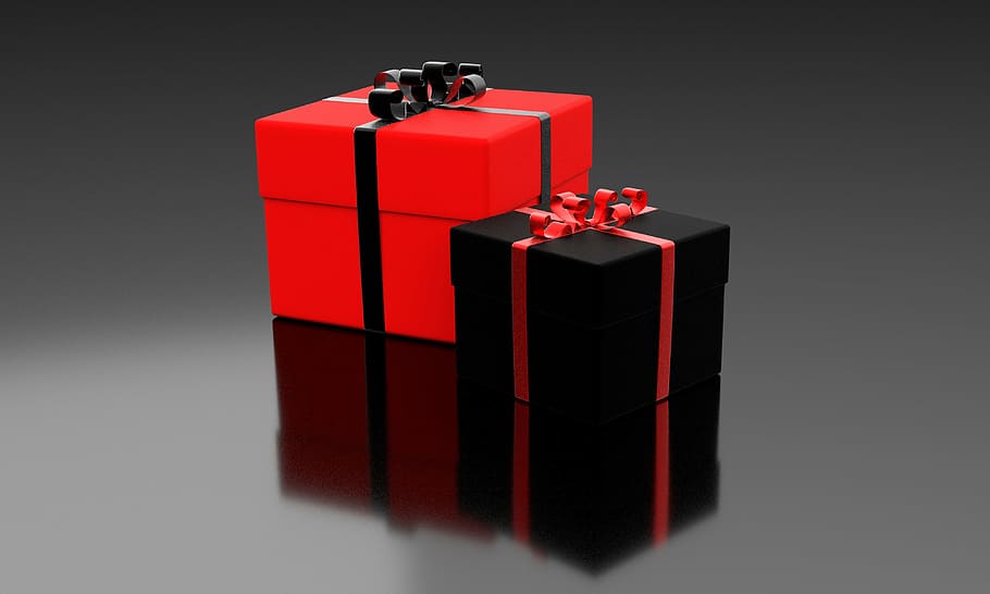 dois, caixas de presente em preto e vermelho, presente, pacote, celebração, natal, feriado, caixa, surpresa, fita