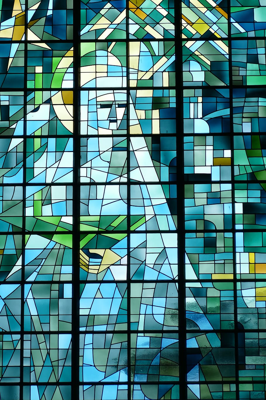 chapelle notre-dame-du-bon-port, saint-valery-en-caux, normandia, frança, janela, parede, vidro, vitral, azul, verde