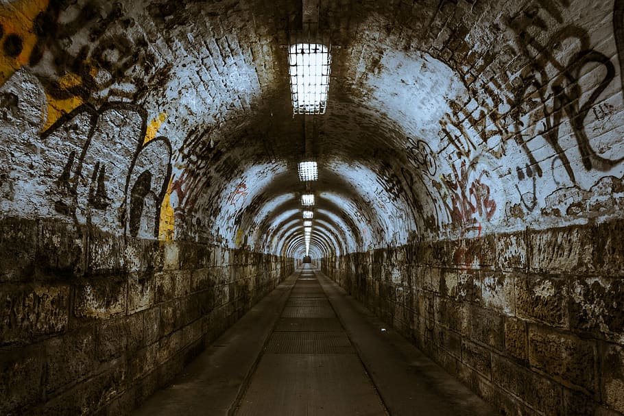 gray, brown, concrete, tunnel, underground, underpass, lighting, budapest, dark, spooky