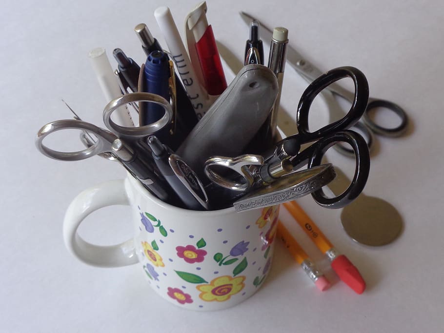 pens, scissors, letter opener, paper supplies, office, business, still life, indoors, cup, mug